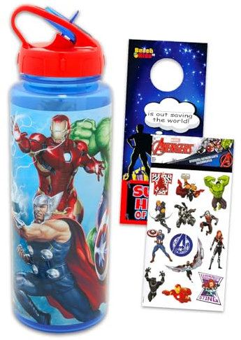 Marvel Avengers Reusable Water Bottle Set - 30 Oz Bundle Plastic Water Bottle with Spout for Home, School, Sports Plus Sticker, and More | Avengers Container