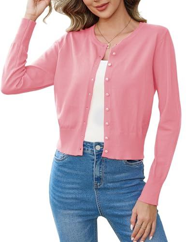 Aottori Coprispalle Donna Elegante Cardigan Corto Button Down Bolero a Maglia Girocollo Maglione Open Front Giacca Leggero Manica Lunga Rosa L