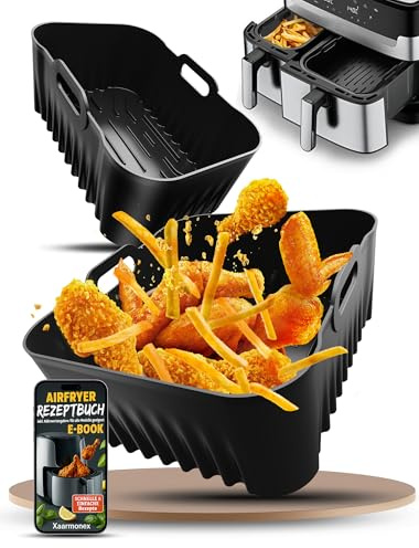 Silicone Air Fryer Liner for Tefal Dual Easy Fry XXL 11L, Air Fryer Accessories for Air Fryer Dual Drawer Baskets EY942BG0,AirFryer Trays for Tefal 6.5L & 4.5L 2 Drawer Basket Air Fryer（2Pcs Black）