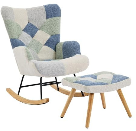 Billg Schaukelstuhl Schaukelsessel, Relaxsessel Stillen mit Hocker Verstellbar und Kissen, Metallrahmen und Holzbeine, Bunt Gepolsterter Schwingsessel fürs Wohnzimmer, Schlafzimmer, Büro, Jardin