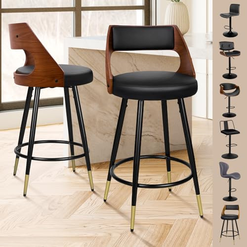 ALFORDSON Barstolsset med 2, vridbar kökspall med 65 cm sitthöjd, träkomptoirpall med fotstöd och justerbara benutjämningshylsor (PU-läder, svart)