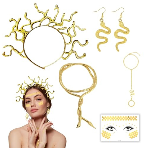 BrKern Medusa Kostüm Damen, Medusa Kopfschmuck Haarreif Halskette Armband Ohrringe Gesichtstattoo, Schlange Kostüm Zubehör, Griechische Göttin Halloween Karneval Kostüme Accessoires
