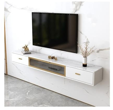 Lizhuzhuzs28 Moderne Meuble TV Mural Flottant Minimaliste avec Gestion des câbles et 2 tiroirs Console(Blanc,Petit)