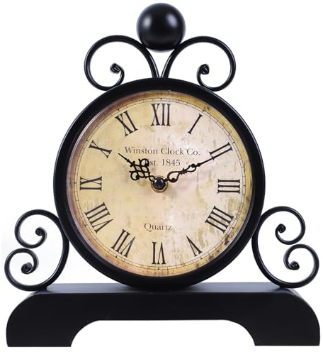 Moiubik Retro Tischuhr Klassische Vintage Roman Stil Schreibtischuhr Silent | Ohne Ticken für Wohnzimmer Schlafzimmer Schreibtisch Regal Nachttisch Kaminsims(Schwarz)