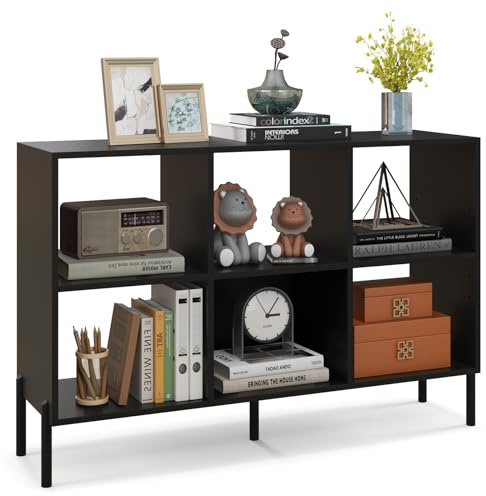 COSTWAY Bücherregal mit 6 Fächern, Standregal mit erhöhten Metallbeinen und verstellbaren Regalen, Würfelregal, Aufbewahrungregal für Wohnzimmer, Arbeitszimmer, 120 x 35 x 79,5 cm (Schwarz)