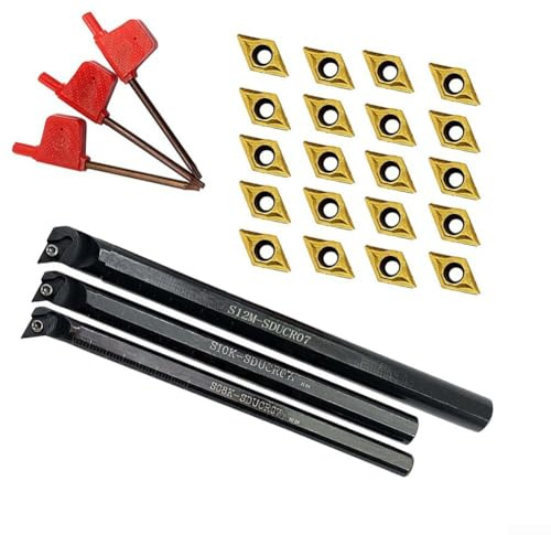 Durashmall Lathe Turning Tool Set with S08K S10K S12M SDUCR07 Internal Boring Bars 95 Degree Right Hand Holders and 20 DCMT070204 Gold Carbide Inserts for Steel Cast Iron and Non Fe