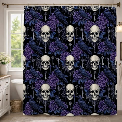 Tenda da doccia con corvo, motivo gotico con ortensia scura, ragnatela di Halloween, lavabile, con ganci, in tessuto, tenda da doccia per bagno, vasca da bagno, appartamento, decorazione per