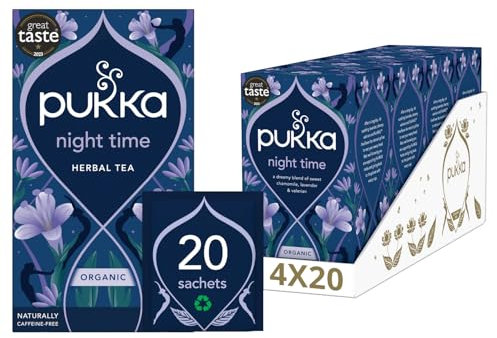 Pukka Herbs, Night Time Organic Herbal Sleep Tea Box, Chamomile, Lavender, Oat Flower, & Limeflower, Natural For Bedtime Relaxation, Caffeine Free, 4 Packs, 80 Plant Based Biodegradable Tea Bags