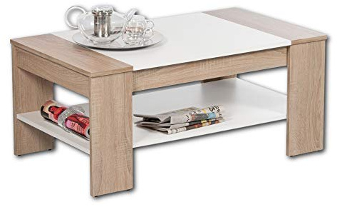 FINLEY Plus Couchtisch in Eiche Sonoma Optik, Weiß - geräumiger Sofatisch mit Schublade & Ablage für Ihren Wohnbereich - 100 x 44 x 58 cm (B/H/T) | 100 x 44 x 58 cm (B/H/T), Sofatisch mit zwei Ebenen und viel Stauraum, für Wohnzimmer, Wohnbereich