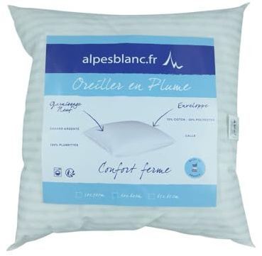 Alpes Blanc – Almohada de plumas de 65 x 65 cm – Relleno 100% plumettes – Sobre antiácaros – Fabricado en Francia – Suave e inflador