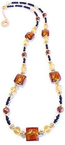 VENEZIA CLASSICA - Collana da Donna lunga con perle in Vetro di Murano Originale, Collezione Lily, ambra e nero con foglia in oro 24kt, Made in Italy certificato