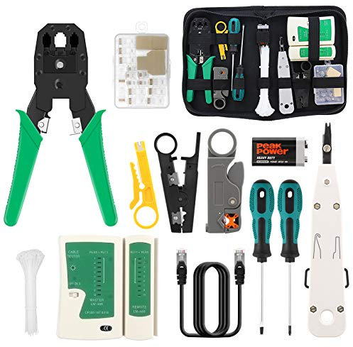 BURNNOVE 18 in 1 Netzwerk Reparaturwerkzeuge Professionell Netzwerk Werkzeug Set LAN Kabel Tester für RJ45, RJ11, RJ12 Netzwerk Kabeltester Kit mit 17 Anschlüssen und 2M Netzwerkkabel