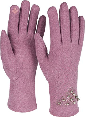 styleBREAKER Guantes para damas con pantalla táctil con strass y perlas, forro polar, guantes de abrigo, invierno 09010035, color:Malva