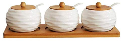 SMSOM Porcelain Condiment Jar Spice Container with Lids - Bamboo Cap, Ceramic Serving Spoon, Wooden Tray - Best Pottery Cruet Pot for Your Home, Kitchen, Counter. White, Set of 3