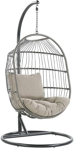 Poltrona Sospesa con Cesta in Corda di Poliestere Beige per Interno ed Esterno Boho