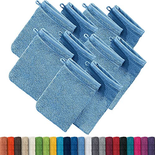 Erwin Müller Waschhandschuh, Waschlappen Heidelberg 10er- Pack, 100% Baumwolle hellblau Größe 15x21 cm - weiche Qualität, saugstark und strapazierfähig - praktisch durch Schlaufe