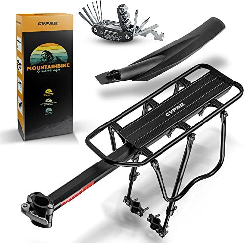 CYPAQ Gepäckträger Mountainbike - Verstellbarer Fahrradgepäckträger mit abnehmbarem Schutzblech - Stahl + Aluminiumlegierung - 50kg Traglast - Inklusive Multitool, 8X Gummiunterlagen, Spanngurte