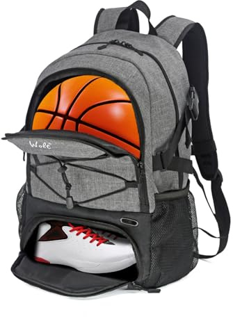 WOLT Grand Sac à Dos de Basket-Ball avec Porte-Ballon séparé et Compartiment à Chaussures, idéal pour Le Basket-Ball, Le Football, la Salle de Sport, Gris, L, Sac à Dos de