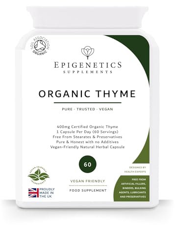 Organic Thyme 400mg | Natural Thymus Vulgaris Herb Supplement | 60 Capsules | Vegan Friendly & Herbal UK Made | 60 Servings, 2 Month Supply by Epigenetics