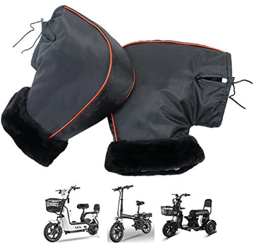 YJZQ Oxford Motorcycle Handlebar Mittens With Furry Cuff Thickened Fleece Waterproof Windproof Motorbike Scooter Bicycle Handle Warmers Handlebar Muff Gloves
