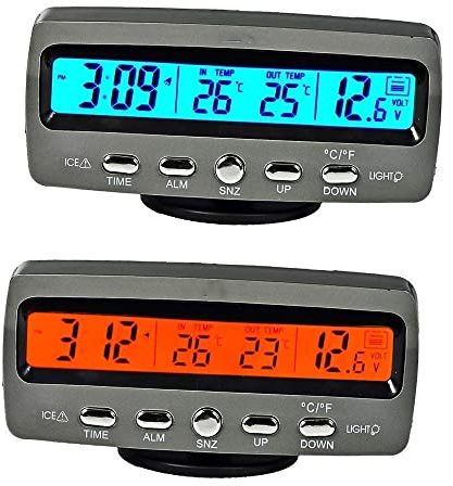 Riloer Thermomètre numérique de voiture - Voltmètre - Moniteur d'horloge - Multifonction - LCD - Thermomètre numérique - Orange + bleu