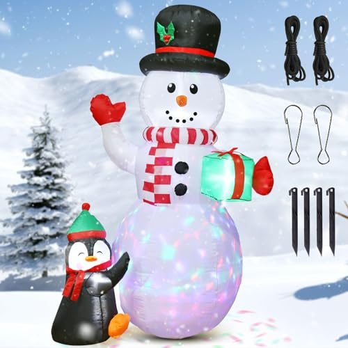 Quntis 2,4m Aufblasbare Weihnachtsdeko Schneemann mit 3 bunten drehbaren LEDs und Gebläse, IP44 LED Beleuchtete Aufblasbare Weihnachtsfiguren Snowman Pinguin für Außen Innen wie Rasen Garten Hof Haus