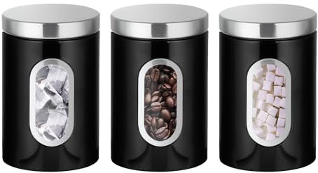 Innoteck Essentials 3-Piece Kitchen Canister Set, Stainless Steel Storage Jars with Secure Lids & Viewing Window, Ideal for Tea, Coffee, Sugar & Dry Foods - Black