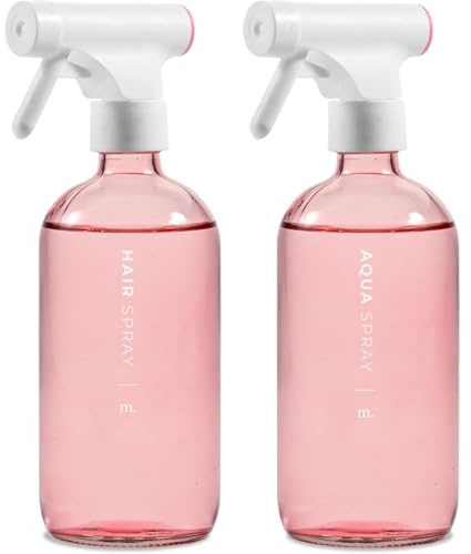 MaisoNovo Water Spray Bottle For Hair Set of 2 - Pink 500ml Refillable Glass Spray Bottles For Hair, 16 Labels