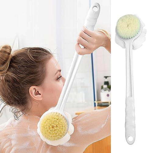 BAInuai 2-in-1 Rückenbürste zum Duschen, Badebürste mit Langem Stiel Duschbürste Rücken, Körperbürste mit Naturborsten für Dusch Bürste Feuchten oder Trockenen Rücken Körperbürste (weiß)