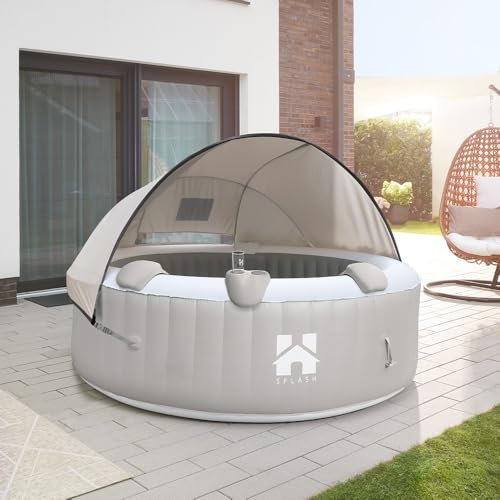 Home Deluxe - Outdoor Whirlpool - Splash + Kissen, Getränkehalter und Sonnendach - Farbe: Grau - ⌀ 208 cm, 130 Luftdüsen - inkl. Abdeckung, Reparaturset, Filterset I Außen Spa für 6 Personen
