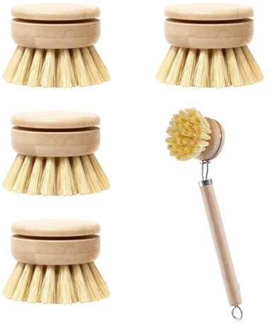 4Pcs Wooden Washing Up Brush, Dish Brushes for Washing Up, Bamboo Natural Scrub Brush, Eco Replacement Brushes, Interchangeable Soft Bristle Refills（Handle Not Included）