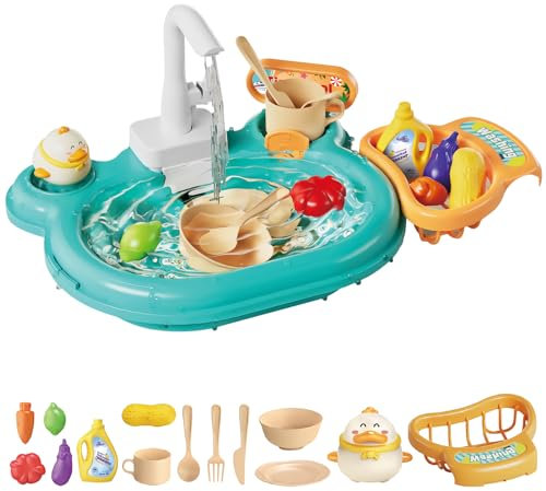 Matschküche Kinder Küchenspüle Spielzeug Set,Kinderküche Küchenspielzeug Spülbecken Spielzeug Set mit Angelspiel und Küchenzubehör,Rollenspiel Spielzeug für Kleinkinder Küchenzubehör (01)
