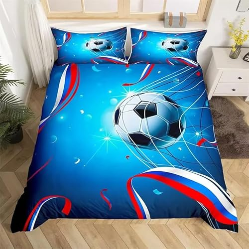 BJCJGGL Housse de Couette 200x200 Adolescent Ballon De Football Bleu Parure de Lit 2 Personnes avec Fermeture Éclair et 2 Taie d'oreiller 65x65 cm - Doux Respirant Microfibre Housse de Couette