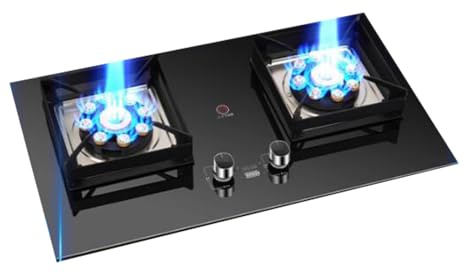 THEGA Stufa Gas Doppio 9.0Kw - Vetro Temperato Fornelli A Gas, Cucine A Gas con Accensione Elettronica A Impulsi Tavolo E Incasso, Fornello A Gas Temporizzato Intelligente Bilaterale 180 Minuti(LPG)