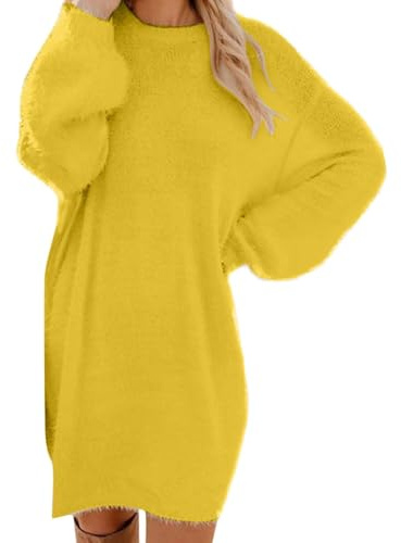 Robe Pull Femme Chic et Elegant Robe Hiver Femme à Manche Longue Col Rond Couleur Unie Doux et Confortable Pas Cher Pull Longue Femme Sweater Dress Vetement Femme Solde,Jaune,XXL,F57R