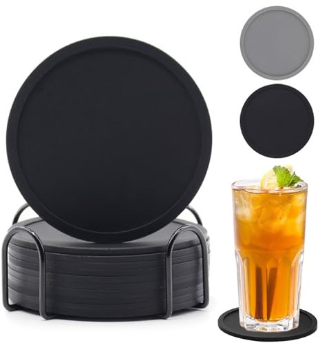 Untersetzer Gläser, 12er Set Silikon Glasuntersetzer rutschfest und Isoliert Glas Untersetzer-Set, Rund Glasuntersetzer Schwarz mit Halter, für Getränke, Bar, Tassen, Glas – Tischuntersetzer