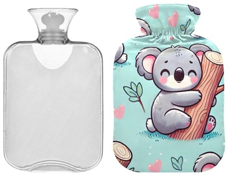 Wärmflasche mit süßem Koala-Herzen, Blau, mit Bezug, Wärmtasche für Menstruationskrämpfe, Nacken- und Schulterschmerzen, Hand-/Fußwärmer, 1 l