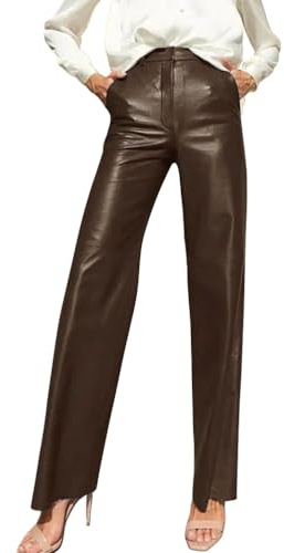 Onsoyours Pantalon en Cuir pour Femmes Taille Haute Évasé Pantalon PU Long Droit Pantalon Mode Et Élégant Bootcut Similicuir Pantalon De Loisirs Festival avec Poches B Marron Foncé M