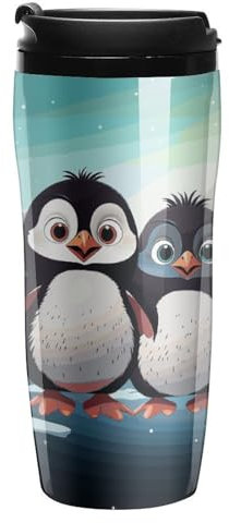 Stanley-Kaffeetasse mit Deckel, 340 ml, Kunststoffbecher, versiegelter Trinkdeckel, Wasserbecher, Teetasse, fünf niedliche Pinguine, bedruckte Tassen, passt in Auto-Becherhalter