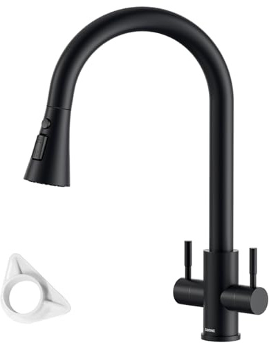 DAYONE Matte Black Kitchen Tap with Pull Out Spray, Dual Lever Sink Mixer Taps, SUS304 Stainless Steel Sink Mixer for 1 Hole, 360° Swivel High Arc Tap with 3 Spray Modes, Double Handles Kitchen Faucet