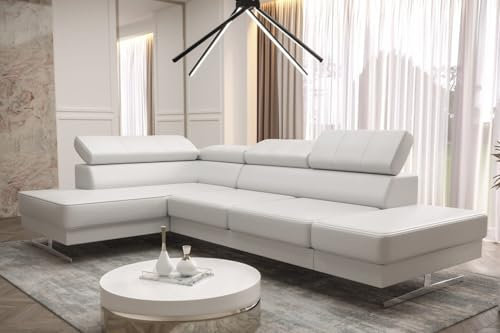 Ecksofa Emporio MINI 300x180 cm aus Echtleder – modernes Ledersofa mit verstellbaren Kopfstützen, silbernen Füßen – Eckcouch Links oder rechts wählbar – Premium Design Sofa (Weiß, Links)