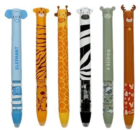 6er-Pack Radierbarer Kugelschreiber, 2025 Süße Radierbare Stifte mit Blau und Rosa Mine, Elefanten, Tiger, Giraffen Gelstifte Radierstift 0,7 mm, Cartoon Erasable Pen für Kinder Studenten Geschenk
