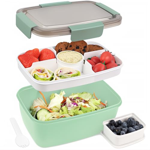Bugucat Lunchbox Erwachsene 2000ML,Auslaufsichere Brotdose Erwachsene Bento Box mit Fächern für Kinder,Salatbehälter Salatbox to Go mit Gabel,Brotdose Frühstücksbox für Schule Büro,Dunkelgrün