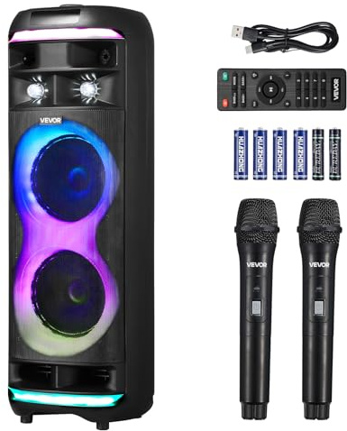 VEVOR Máquina de Karaoke para Adultos, 80 W Altavoz Bluetooth Portátil de 203,2 mm con 2 Micrófonos Inalámbricos, Luz LED, Función TWS, Ruedas Giratorias Compatible con Tarjeta Micro TF, USB, AUX