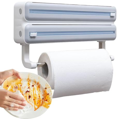 Wall Mounting Foil Dispenser - Aluminium Wrap Cutter Organiser | Kitchen Storage Box with Film Cutter and Tissue Hanger, Food Holder Dispenser for Home Use, Worktop, Saver, Cooking