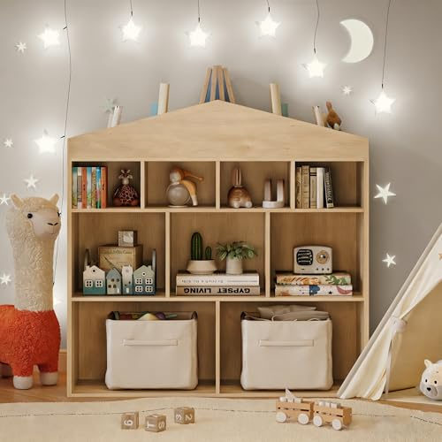 Garvee Kinder Bücherregal Hausform Regal Kinderregal Aufbewahrungsregal für Kinder Kinderzimmerregal mit 4 Ebenen Spielzeug Organizer Kindermöbel für Kindergarten Spielzimmer Holzfarbe 103.5x100x30 cm