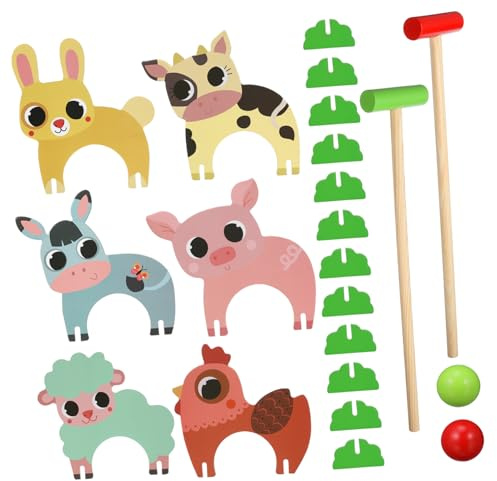 GOOHOCHY Gioco di Croquet per Ragazzo Ragazza con Porta a Tema Animale Set da Croquet in Legno con Mazza e Pallina Divertente Gioco da Interno Ed Esterno per Ragazzo Ragazza Principianti