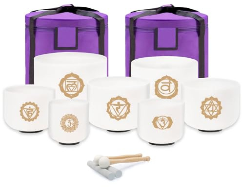 keepdrum Quarz-Klangschalen Set Chakra Set Gold 7-teilig 8-14 Zoll mit Zubehör