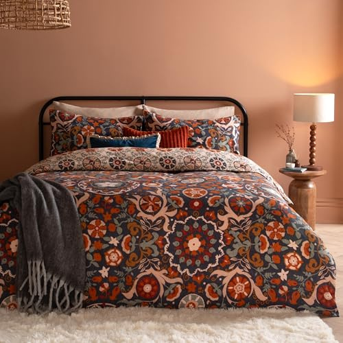 furn. Kinfolk Duvet Cover Set – Reversible Suzani Inspired Floral Geometric Tile Cotton Blend Easy Care Bedding (Denim Blue - King)