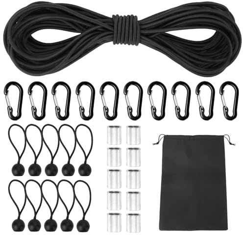 VirtuGro 10M Elastic Cord 5mm Shock Cord Black Bungee Cord with Carabiner Clips, Elastic Rope Ball Bungee Cords Aluminum Crimping Loop Sleeve Tarpaulin Bungee Ball Storage Bag for Tarp Camping Caravan